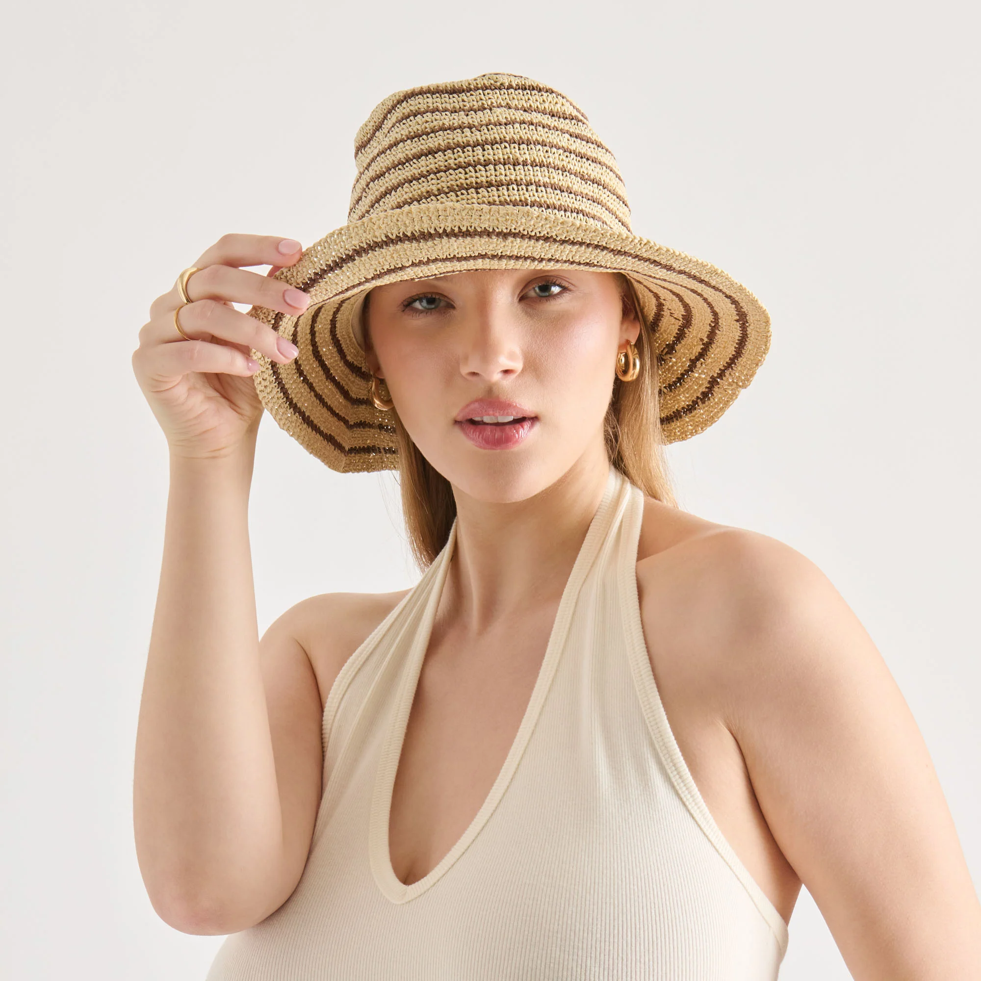 STRIPED STRAW CLOCHE BROWN NATURAL - Image 2